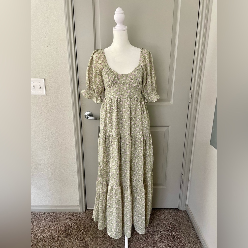 Sage Floral Tiered Maxi Dress with Puff Sleeves